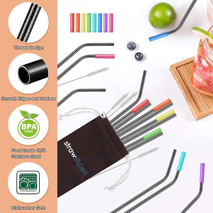 StrawExpert Set of 16 Reusable Stainless Steel Straws with Travel Case Cleaning Brush Silicone Tips Eco Friendly Extra Long Metal Straws Drinking for 20 24 30 oz Tumbler, Black