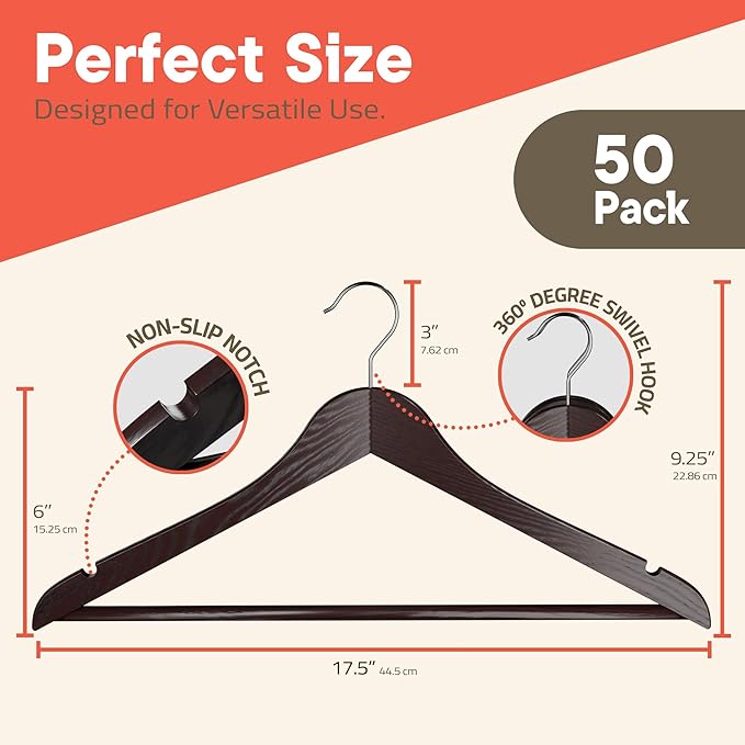 Cherry Wooden Hangers 50 Pack – Heavy-Duty with 360° Swivel Hook, Non-Slip, Pants Bar & Shoulder Grooves - Wooden Hangers for Suits, Jackets, Dresses & Camisoles, Space-Saving and Smooth Finish
