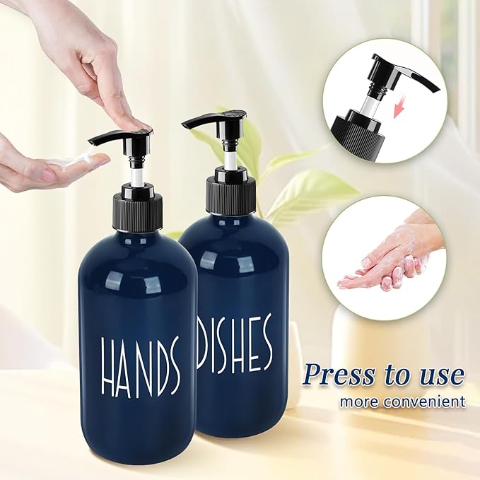 Dish Soap Dispenser for Kitchen - 16 OZ Glass Hand Soap Dispenser Set - Kitchen Bathroom Decor and Accessories (Navy Blue)