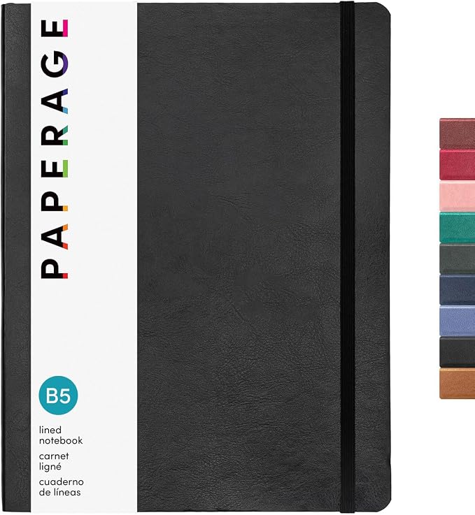 PAPERAGE Softcover Lined Journal Notebook (Black), 176 Pages, Large B5 College Ruled Notebook, 7.6 inches x 10 inches - 100 GSM Thick Premium Paper, Soft Vegan Leather Journal for Home, Work & School