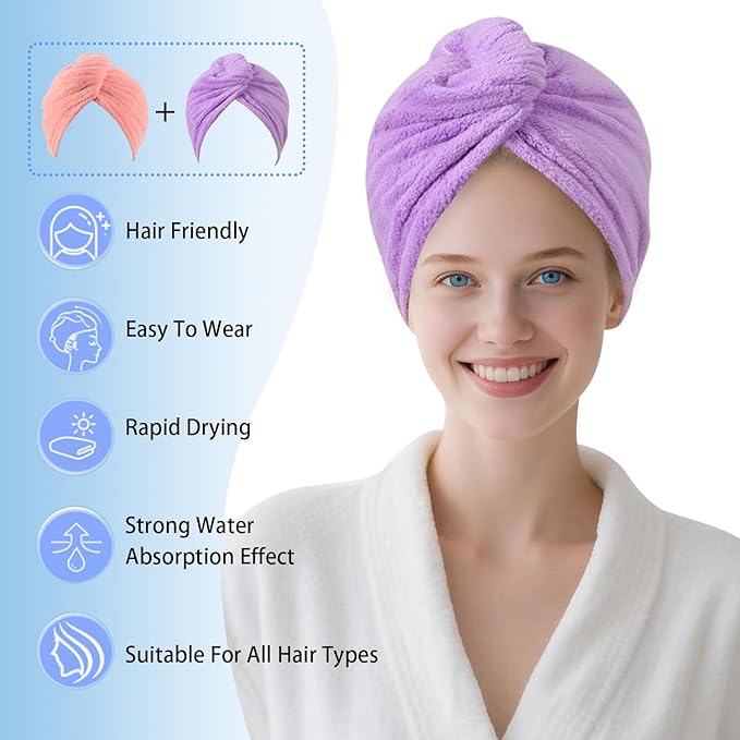 Microfiber Hair Drying Towel Wrap for Women, Hair Turbans Towel for Wet Hair,turbie Twist Hair Towels(The Color of the Picture is for Reference only) (Pink，Purple)