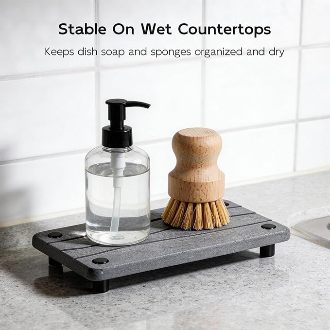 Water Absorbing Stone Sink Tray, 8" Diatomite Tray for Kitchen Bathroom Vanity, Fast Drying Stone Drying Caddy for Soap Dispenser, Sponge Holder with Wavy Groove Design