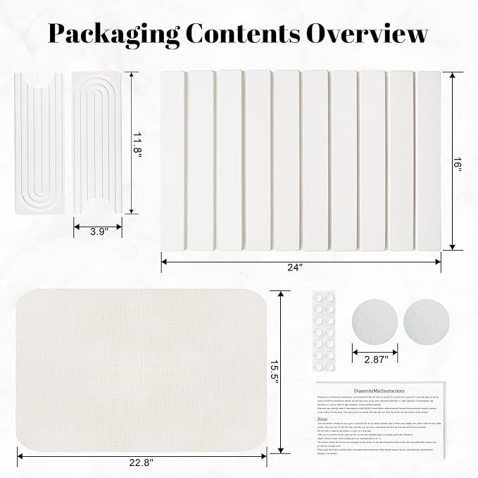 3PCS Set Large Stone Drying Mat for Kitchen Counter Foldable Collapsible Fast Drying Stone Dish Mat Water Absorbing Natural Diatomaceous Earth Bath Mat Quick Dry Stone Tray Bathroom Countertop, White