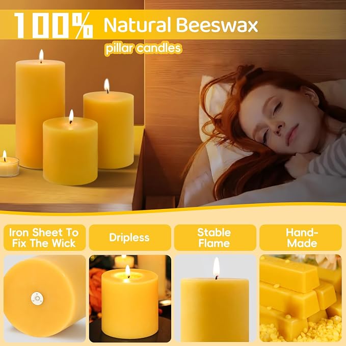 Pure Beeswax Candles,3 Pack Unscented Pillar Candles,213 Hours Long Burning Clean Burning, Smokeless Dripless Bees Wax Candle for Home,Prayer,Emergency,Dinner Table (3x3,3x4,3x6in)