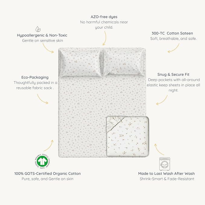 MakeMake Organics Organic Twin Fitted Sheet Set GOTS Certified Organic Cotton Fitted Sheet with 1 Pillowcase Ultra Soft Non Toxic Breathable Hypoallergenic (40"X76", Bloom)
