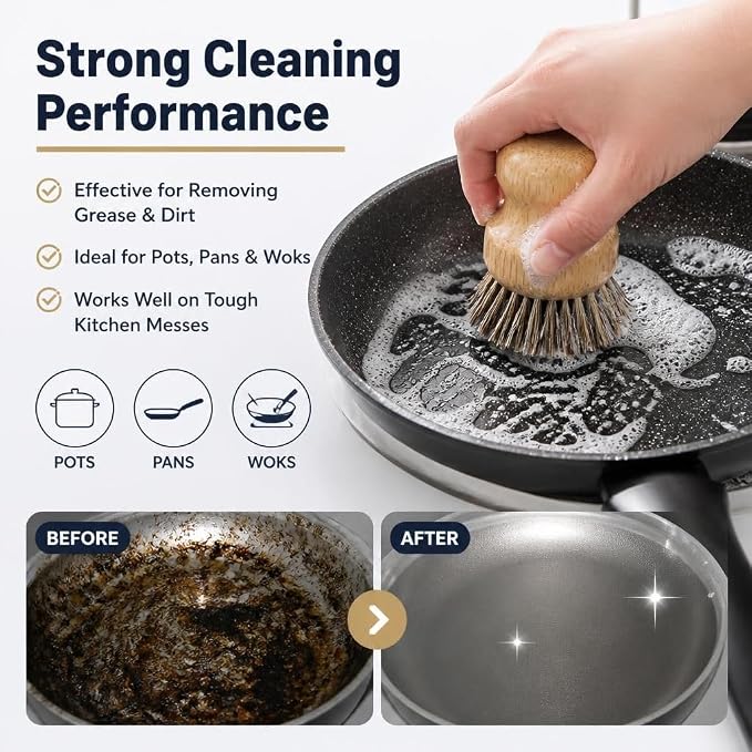 2 Pack Bamboo Dish Brush Set Kitchen Palm Pot Brush with Union Fiber Natural Wooden Dish Scrub Brush for Cleaning Pots Pans Sinks Woks and Vegetables