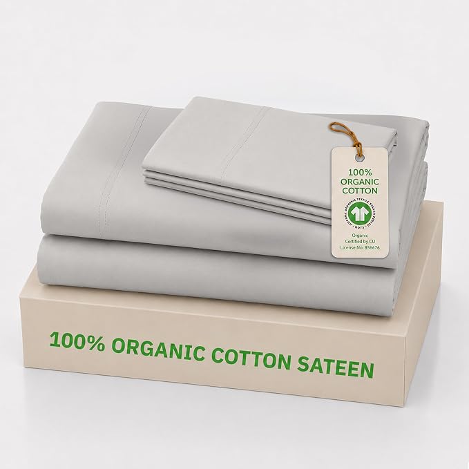 California Design Den XL Twin Sheets Set - 100% Organic Cotton Sheets, Soft and Lightweight Sateen, Deep Pockets, Durable Bedding - Light Grey