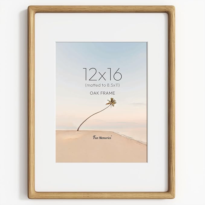 12x16 Picture Frame, USA-Sourced Oak Wood Picture Frame 12 x 16 for Art & Poster Display, 12x16 Frame with High Tempered Glass, Wooden Frame Matted to 8.5x11 Photo Wall Mounted, 1 Pack