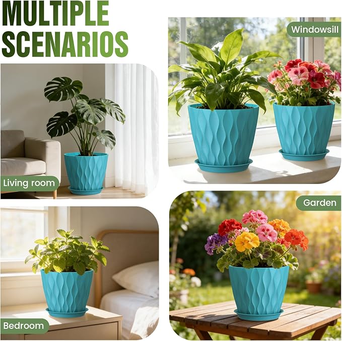 8 Inch Plant Pots 4 Pack Plastic Planters with Drainage & Saucers | 8 inch 4 pack plastic plant pots with 3D water ripple texture, drainage holes and saucers for indoor outdoor plants
