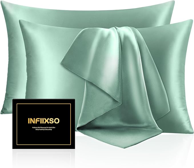 INFIIXSO Silk Pillow Cases 2 Pack Standard Size, Ultra Smooth & Soft Mulberry Silk Pillow Case for Hair and Skin, Breathable Cooling Silk Pillowcase with Hidden Zipper (Mint Green, 20x26 Inches)