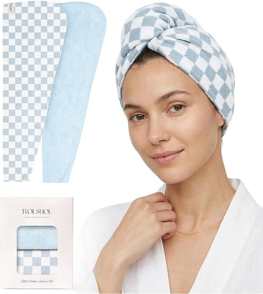 ROLSHOL Cotton Hair Towel Wrap for Women, 2 Pack 100% Cotton Hair Drying Towels for Long, Thick & Curly Hair, 32" x 11" Large Hair Turban for Wet Hair with Elastic Band (Blue)