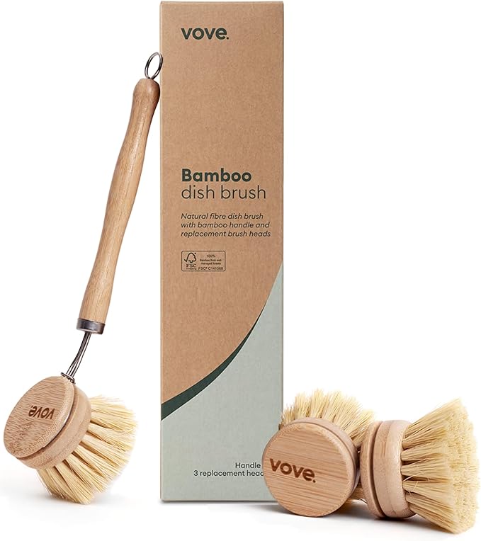 Vove Bamboo Dish Brush with 3 Replacement Heads, Plastic-Free Kitchen Scrub Brush for Pots Pans and Dishes, FSC-Certified Bamboo Handle with Natural Fiber Bristles, Non-Toxic Zero-Waste