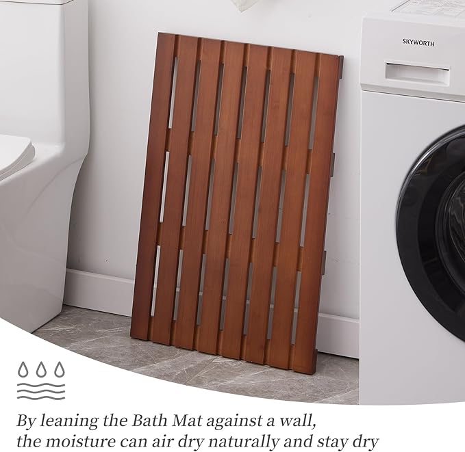 Bamboo Bath Mat for Shower with Non-Slip Rubber,Bathtub Mat,Floor Mat,Shower Mat for Indoor,Outdoor,Spa, Sauna, Pool (Brown, 25.5 * 17 * 1.4 inches)