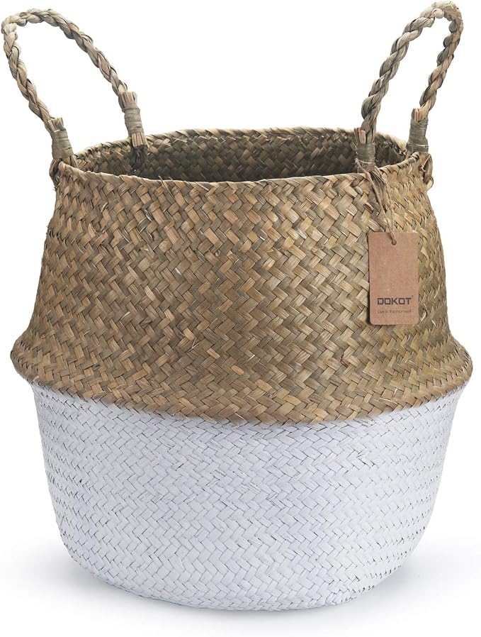 Seagrass Plant Basket with Handles, Natural Woven Storage Wicker Baskets (White S(7“ D x 8" H))