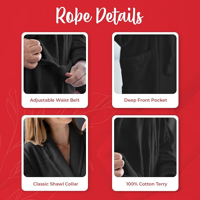 RIVERSIDE Premium 100% Cotton Terry Bathrobe For Women and Men - Soft Towel Robes with Shawl Collar Ajdustable Belt & Pockets