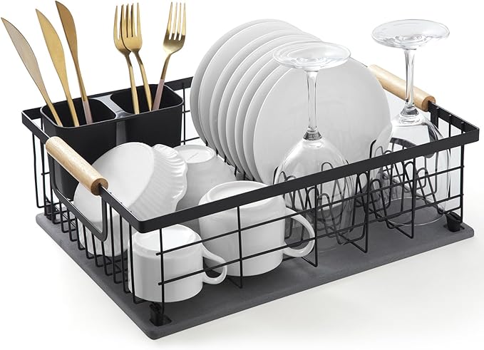 Dish Drying Rack with Stone Dish Drying Mat for Kitchen Counter, 16'' Lx 12''W Dish Drainer with Diatomaceous Earth Quick Dry Mat, Organization and Storage Essentials with Cup & Cutlery Holders