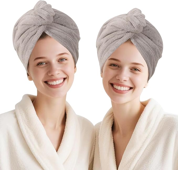 Microfiber Hair Drying Towel Wrap for Women, Hair Turbans Towel for Wet Hair,turbie Twist Hair Towels(The Color of the Picture is for Reference only) (Gray,Gray)