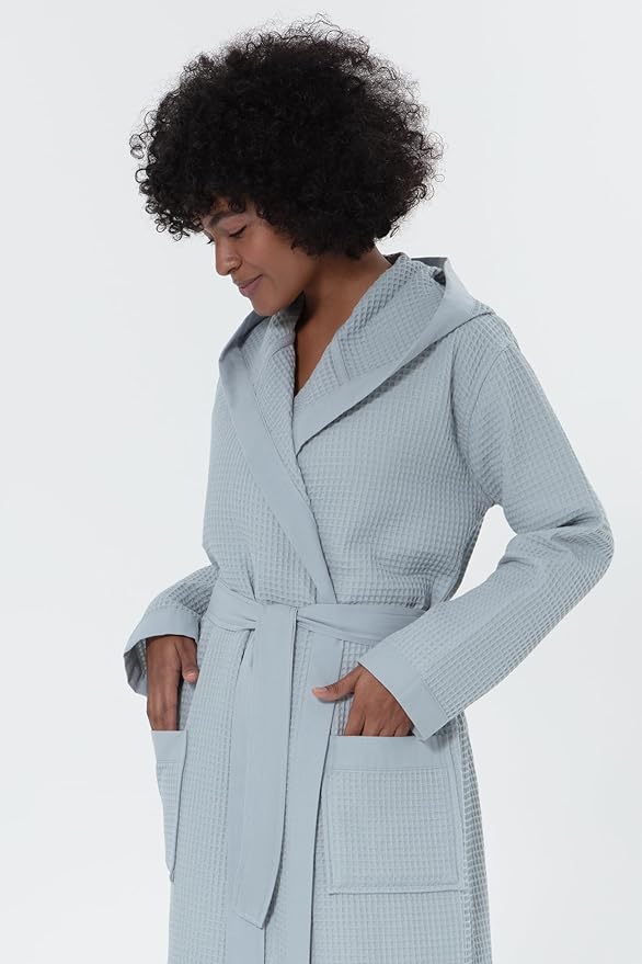 SEYANTE Women's Organic Cotton Waffle Kimono, Hooded Robe – GOTS Certified Lightweight Full-Length Spa Bathrobe with Piping