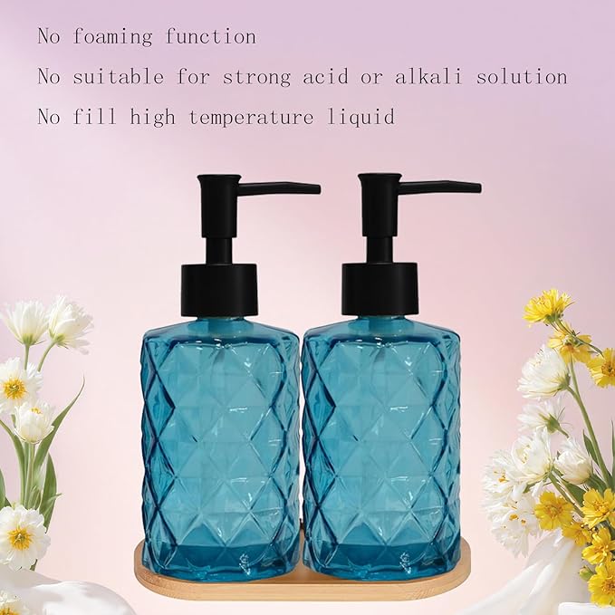 Glass Hand and Dish Soap Dispenser Set of 2 with Plastic Pumps, Bamboo Tray, 12oz Blue Bathroom Soap Dispenser with Diamond for Hand Wash & Dish Wash, Ideal for Bathroom Kitchen Countertop