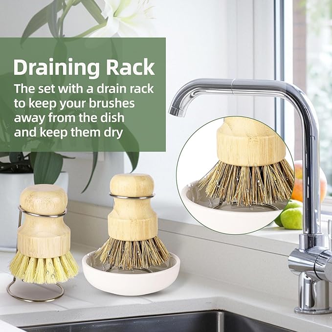 DEBETOOL Bamboo Dish Brush Set with Holder - Natural Dish Scrub Brush for Cleaning Dishes, Fast Dry Design Kitchen Dish Brush for Sinks & Pots