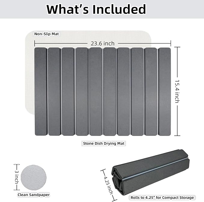 Large Stone Dish Drying Mat for Kitchen Counter Sink Bathtub, Diatomaceous Earth Food Grade Super Absorbent Self-Drying Fast Dry, Foldable Easy-to-Clean Eco-Friendly Drying Pad, 24"×16", Dark Gray