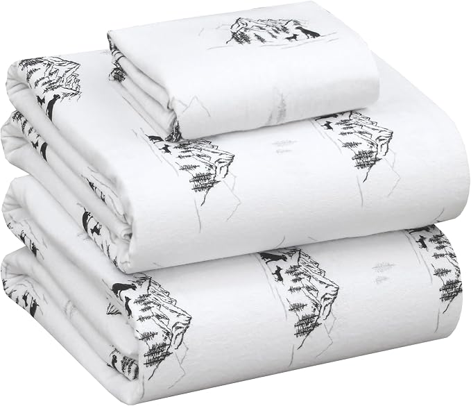 RUVANTI Flannel Sheets Twin Size - 100% Cotton Double Brushed Twin Sheets Set, Deep Pockets 16 Inches, All Seasons Breathable & Extra Soft Bed Sheets, Warm & Cozy, 3 Piece, Soul Dog White