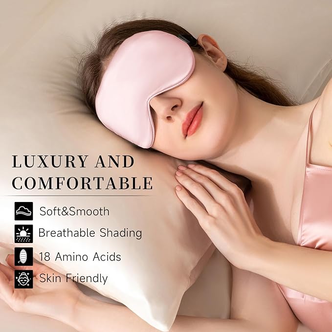 THXSILK Sleep Mask 100% 19 Momme Pure Mulberry Silk Super Smooth Cooling Sleep Eye Mask Blackout for Women/Man/Kids Eye Cover with Wide Head Strap Good Night Sleep Comfortable Travel Nap Charming Pink