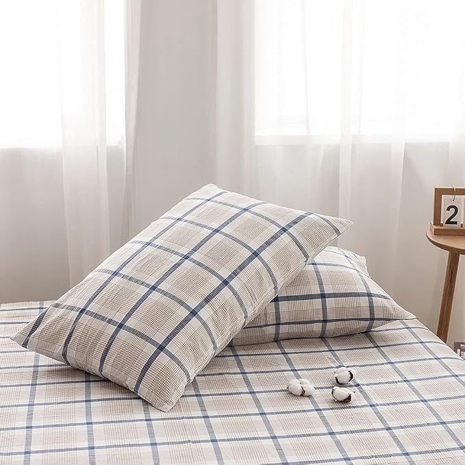 FACE TWO FACE Bedding Duvet Cover Set100% Washed Cotton Duvet Cover Linen Like Textured Breathable Durable Soft Comfy(Queen, Blue Grid)