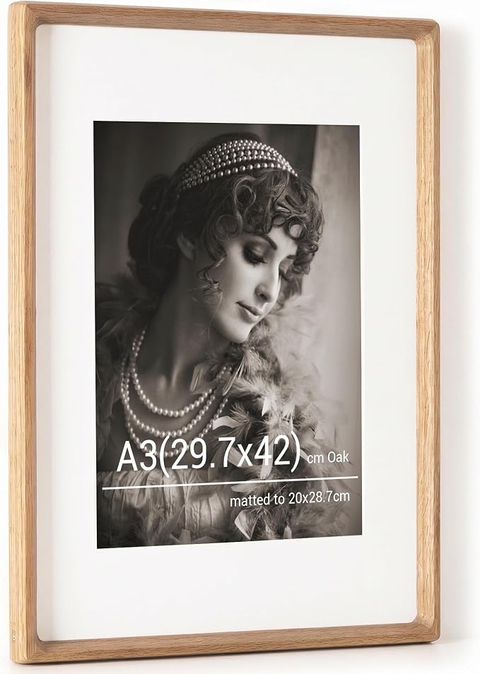 A3 Picture Frame, USA-Sourced Oak Wood Photo Frames with HD Tempered Glass, Handcrafted Rounded Corner A3 Wooden Frame Matted to A4 Photos, Tabletop or Wall Display