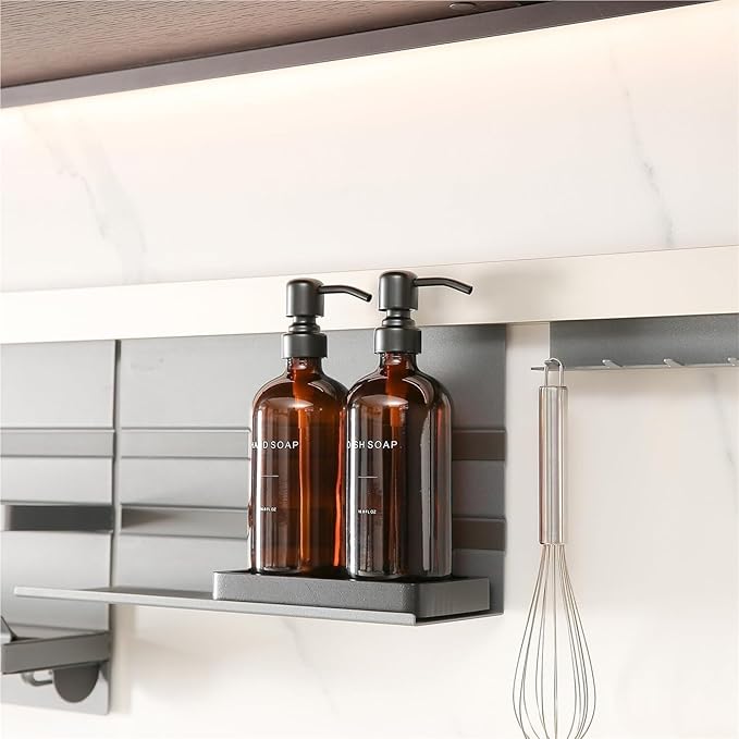 Liquid Dispenser Soap Dispenser Set Glass with Stainless Steel Pump Countertop Soap Bottle(Amber Bottle+Black Pump)