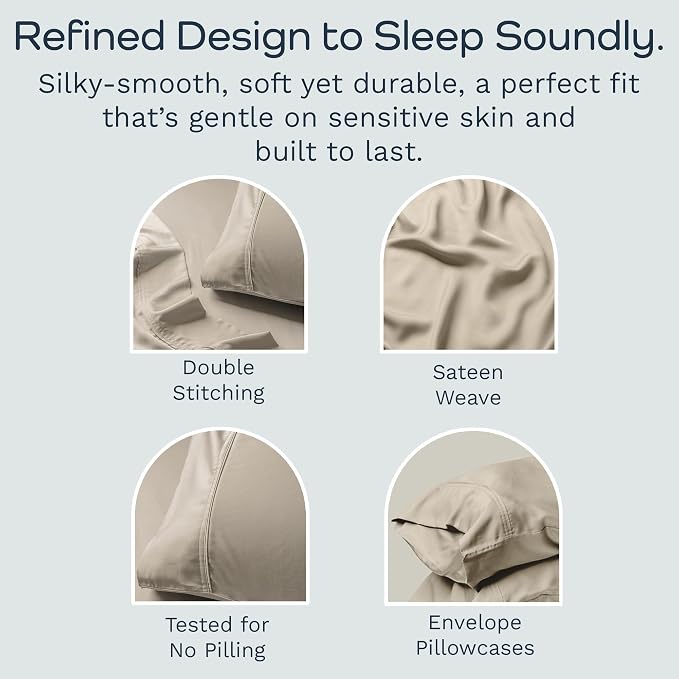 Olive + Crate Tencel Eucalyptus Pillowcases - 100% Tencel Lyocell Cooling Pillow Cases for Hot Sleepers - Hypoallergenic, Moisture-Wicking, Silk Alternative, Vegan - Standard Size Set of 2 - Beige