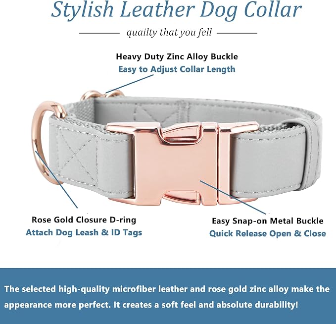 Dog Collar and Leash Set.Soft and Easy to Clean Vegan Leather with Rose Gold Metal Buckle for Small Medium Large Dogs (Grey, XS(8"-12"))