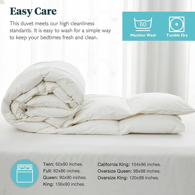 Feathers & Down Comforter, Organic Duvet Insert, 100% Cotton Shell, Ethically-sourced Feathers and Down Filler, All Season Warm, Queen Size, White