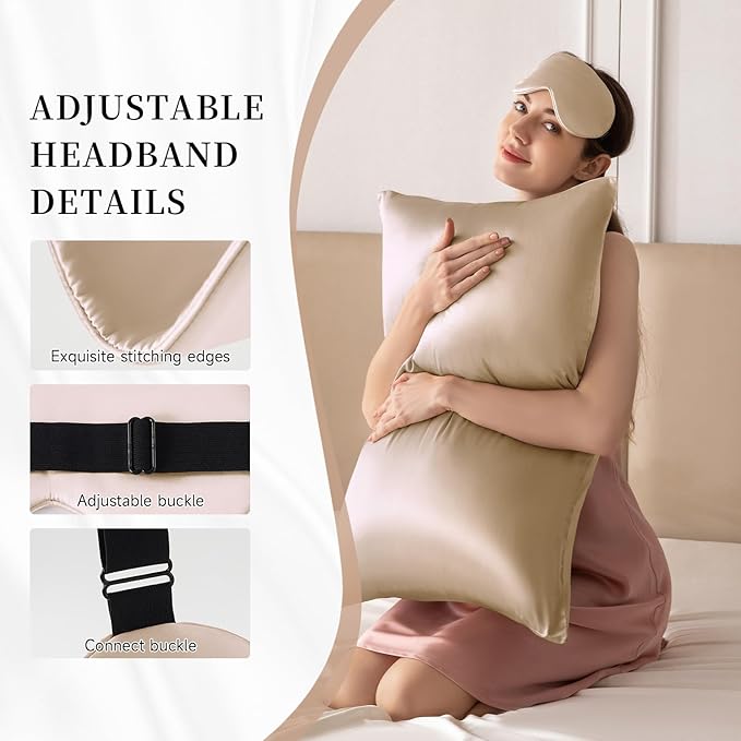 THXSILK Sleep Mask 100% 19 Momme Pure Mulberry Silk Super Smooth Cooling Sleep Eye Mask Blackout for Women/Man/Kids Eye Cover with Wide Head Strap Good Night Sleep Comfortable Travel and Nap Champagne