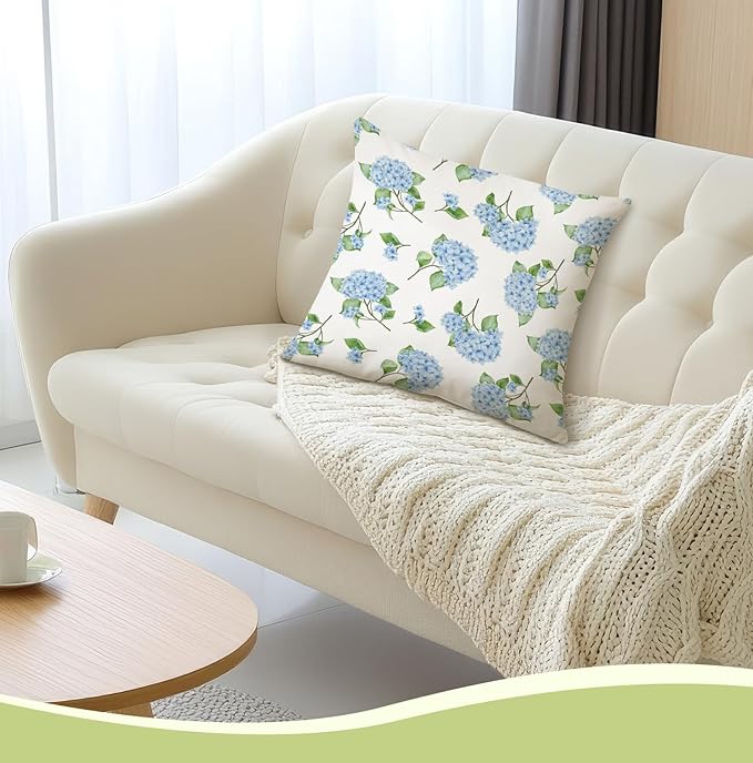 Blue Hydrangea Floral 18x18 Pillow Cover, Farmhouse Cottage Core Hydrangea Flower Botanical Decorative Throw Pillow Cover for Home Bedroom Living Room