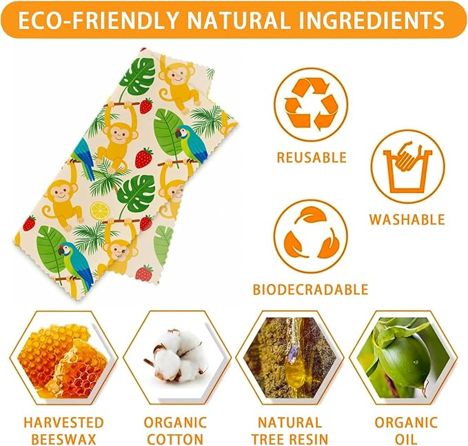 Reusable Beeswax Wraps, 9 Pack Eco-Friendly Food Storage, Organic, Sustainable, Zero Waste, Plastic-Free, for Sandwich, Fruit, Bowl, Bread, 1XL, 3M, 5S, Bees Honeycomb Monkey Parrot Patterns