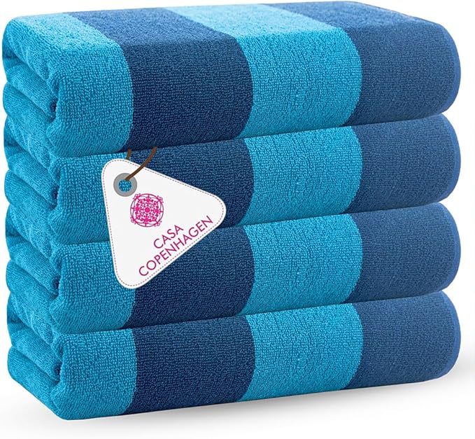 CASA COPENHAGEN Malibu Towel 4Pcs Navy Designer Stripe Beach Towels Gift Set, 30"x60" Oversized 100% Cotton Pool Bath Towel for Beach Gift Set (Perfect Summer Gift Set for Women & Men)