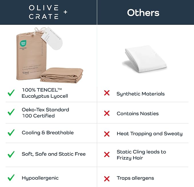 Olive + Crate Tencel Eucalyptus Pillowcases - 100% Tencel Lyocell Cooling Pillow Cases for Hot Sleepers - Hypoallergenic, Moisture-Wicking, Silk Alternative, Queen Size Set of 2 [Terracotta Clay]
