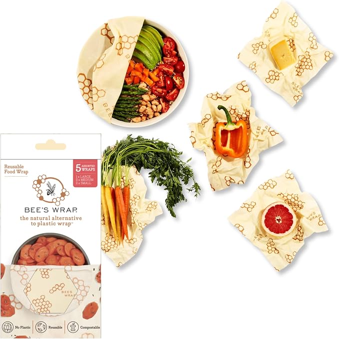 Bee's Wrap Beeswax Wraps for Food - Assorted 5 Pack of Beeswax Wraps - 2 Large & 3 Medium Wrap - Plastic Free Made in USA Reusable Natural Food Wrap - Honeycomb Print