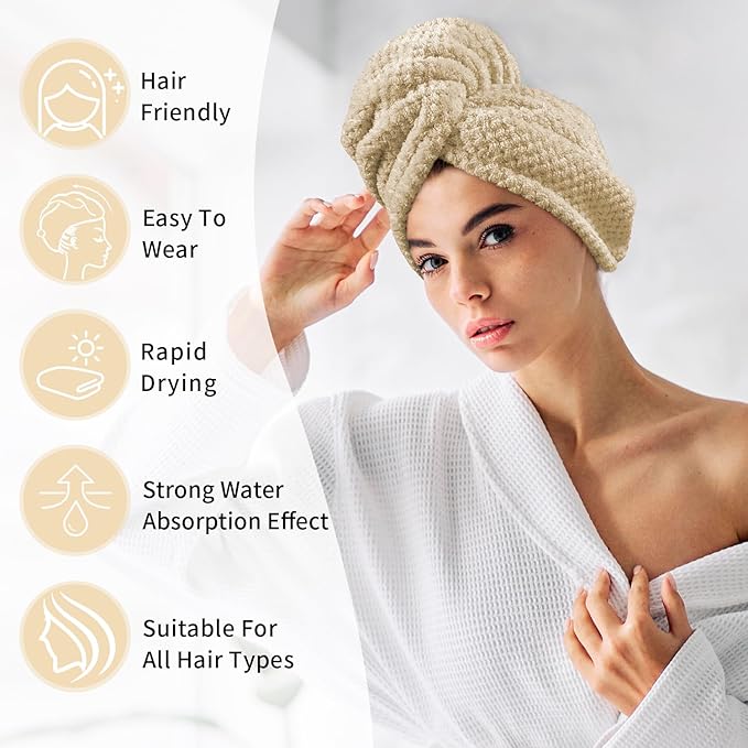 my novel things 3 Pack Microfiber Hair Towel Wrap for Women 25.4" x 9.8", Super Absorbent Quick Dry Towels with Button for Curly Wet Hair Anti Frizz (Camel,Green,Gray)