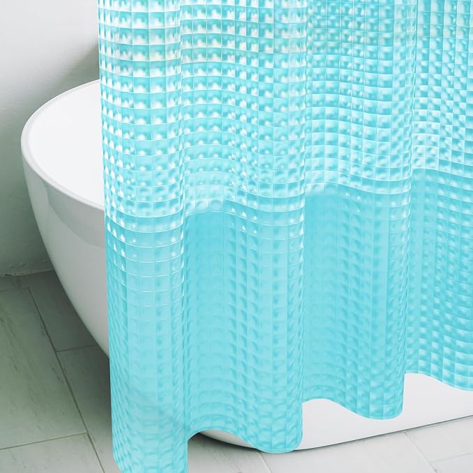 Teal 3D Crystal Plastic Shower Curtain Liner, 72x72 Inch Thin Lightweight Ice Cube Plastic Bathroom Shower Showroom Inner Curtain with Rustproof Metal Grommet Holes and Weighted Magnets