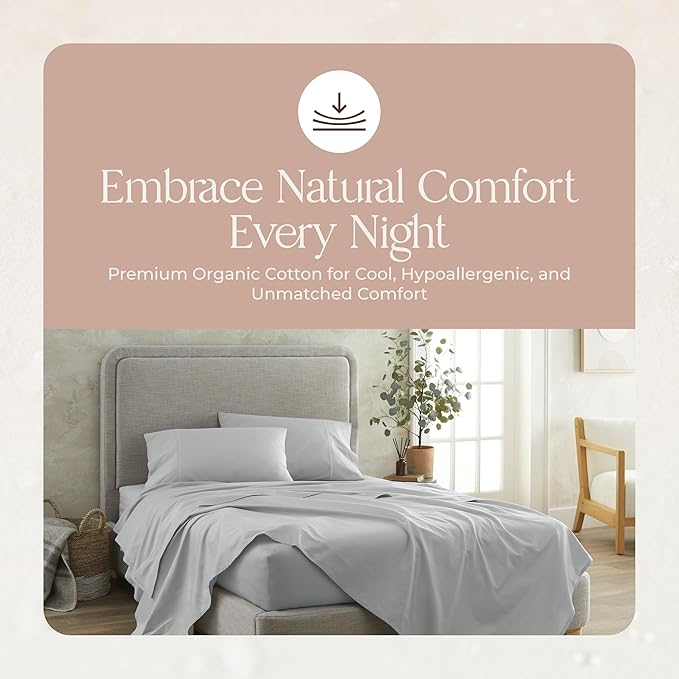 100% Organic Cotton Sheets King Size - GOTS Certified Organic Bed Sheets with Deep Pocket 300 Thread Count & Cozy Sateen Weave Gets Softer with Each Wash - Luxury 4 Piece Set (Shore, King)