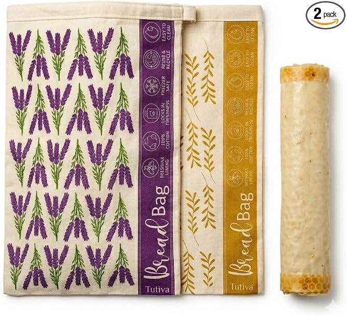 Beeswax Bread Bag for Homemade Bread (Set of 2) – Premium Sourdough Bread Bags & Loaf Storage – Eco-Friendly, Reusable, Washable & Freezer Safe – Ultimate Sourdough Bread Baking Supplies
