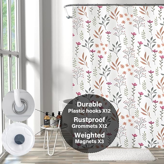 Plastic Shower Liner - Premium EVA 6G Thickened Shower Curtain Liner with Rustproof Grommets and 3 Weighted Magnets, Waterproof Shower Curtain for Bathroom(Bouquet, 72”*72”)