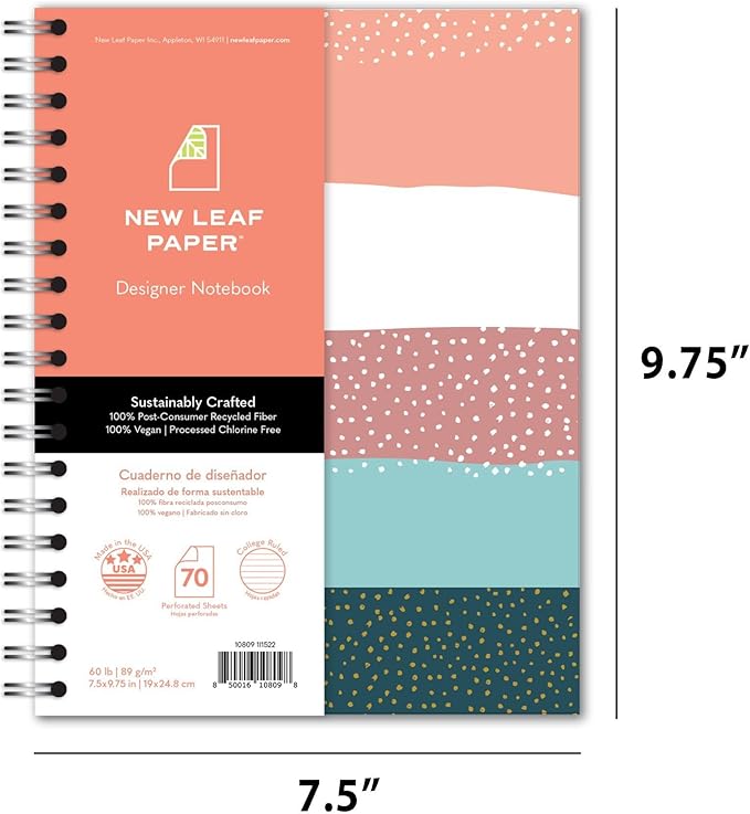 Small Spiral Bound Recycled Notebook, Stripes and Dots Design, 9.75" x 7.5", 70 Sheets, Double-Wire, College Ruled, Vegan, Made in USA