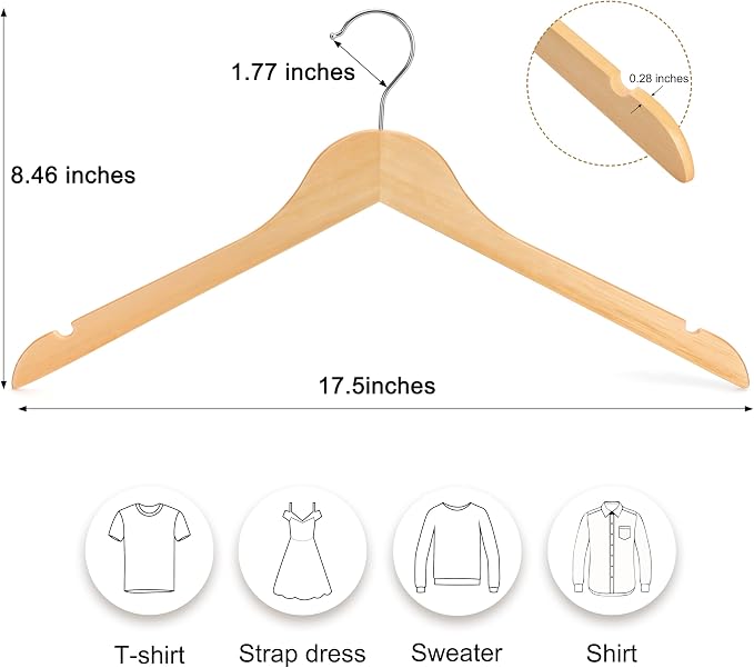 TOPIA HANGER Wooden Hangers 48 Pack, 0.28-inch Slim & Durable Clothes Hangers Space Saving, Natural Wood Hanger with 360°Swivel Hook and Non-Slip Shoulder Notches for Coat,Shirt,Camisole,DressCT51N48