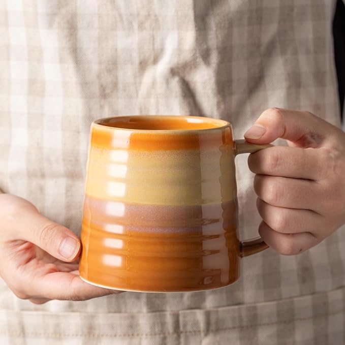 15.5 Oz Large Reactive Glaze Ceramic Mug, Heavy Weighted Stoneware Coffee Cup, Wide Base, Thick Wall Big Tea Cup with Custom Package Box, Microwave & Dishwasher Safe (Orange)