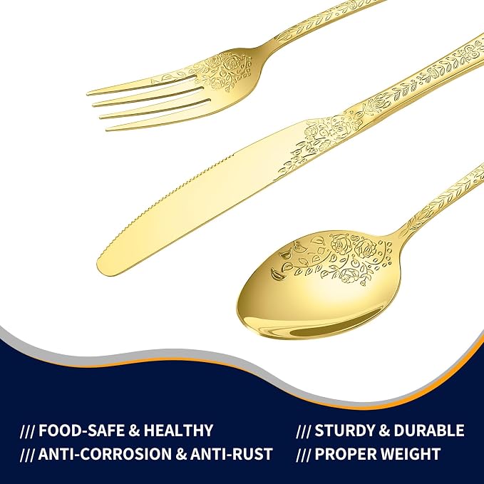 40 Pcs Gold Silverware Set for 8, Food Grade Stainless Steel Flatware Set, Eating Utensils Sets Include Fork/Knife/Spoon, Reusable Cutlery Set for Home Kitchen, Dishwasher Safe, Embossed pattern-1