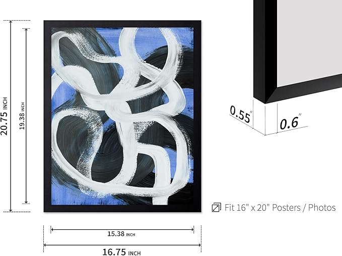 Monem Art Bold Blue Brushstroke Abstract Print - Modern Textured Line Art Poster - Wall Decor for Living Room, Bedroom or Office - 16x20 Black Framed Wall Art by Mareike Bohmer