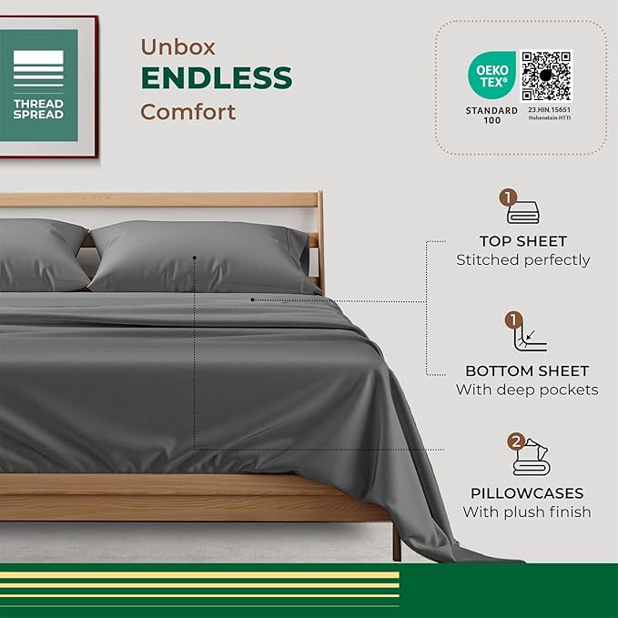 THREAD SPREAD 100% Organic Cotton Sheets California King Size - 4 PC Organic Cotton Cal King Size Percale Weave Sheet Set, Soft, Cooling & Crisp, 16" Deep Pocket Hotel Quality Bedding Set - Dark Grey